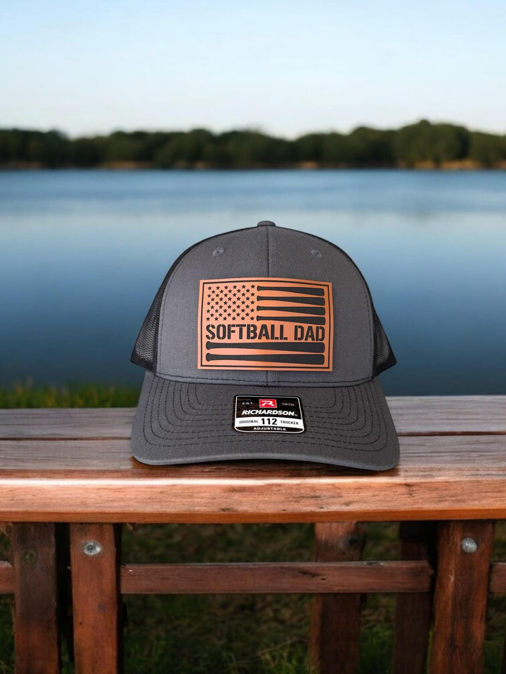 Softball dad American flag trucker hat by BubbleHead Ink