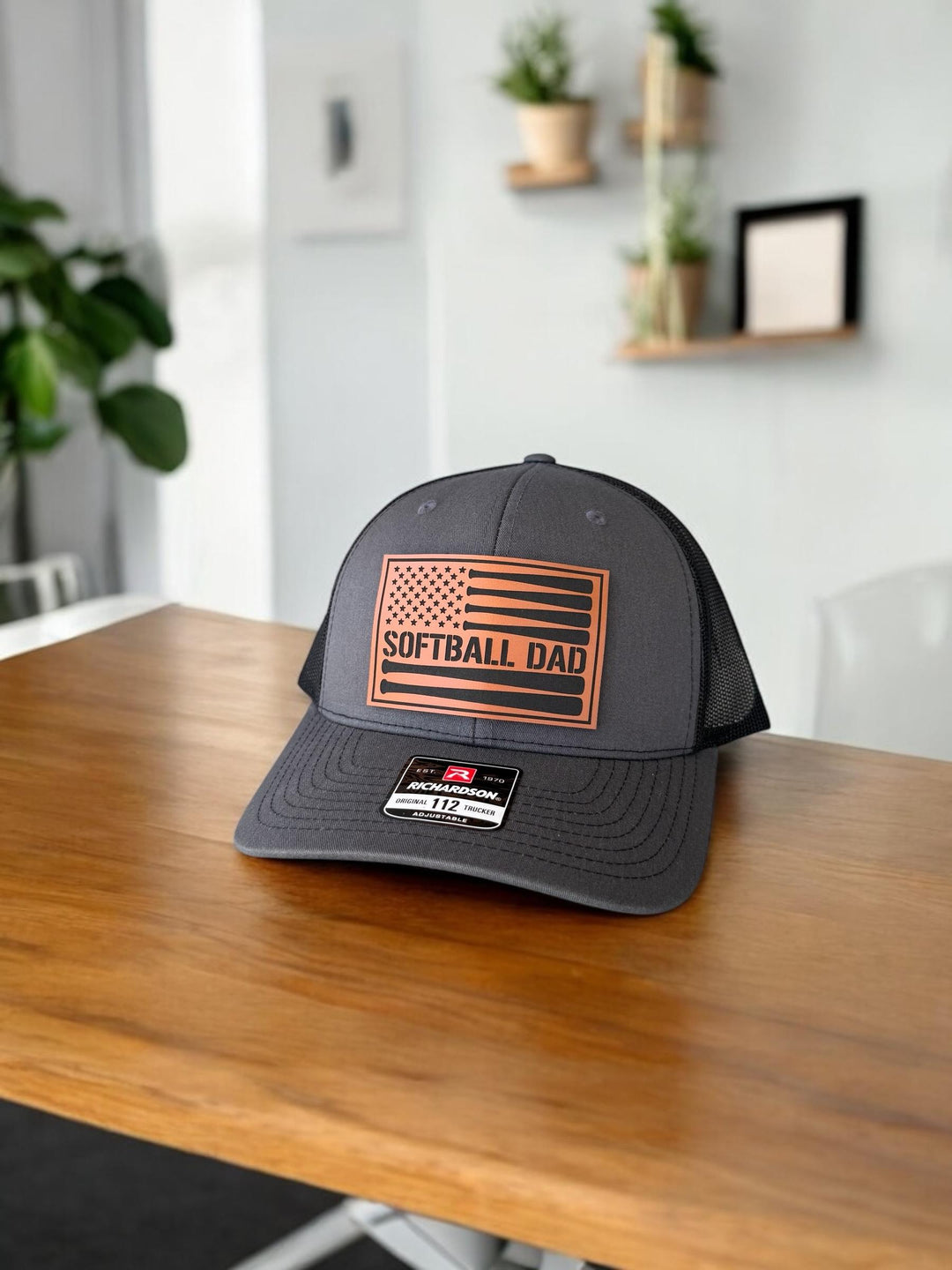 Softball dad American flag trucker hat by BubbleHead Ink