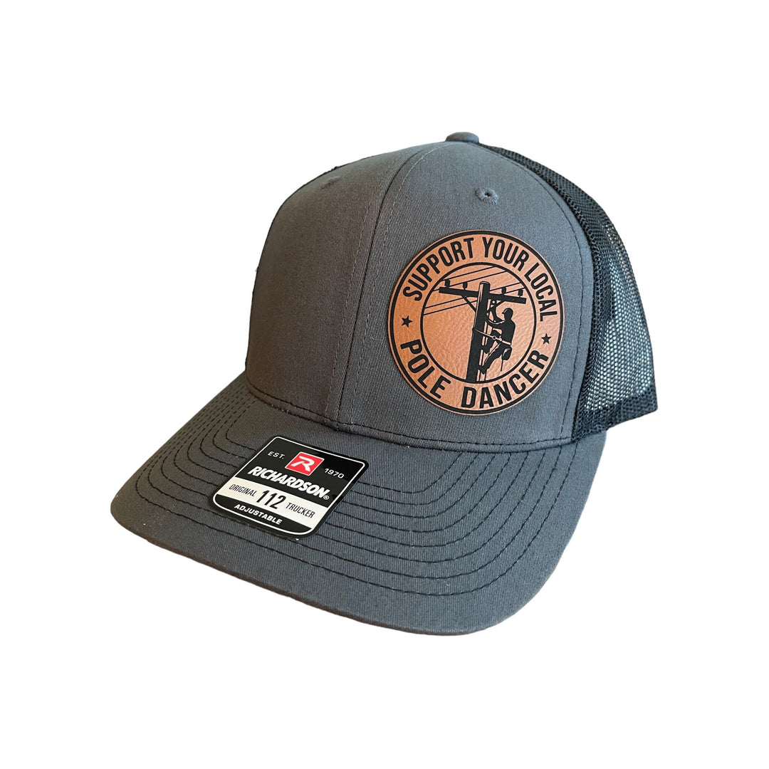 Support Your Local Pole Dancer funny lineman leather patch hat by BubbleHead Ink