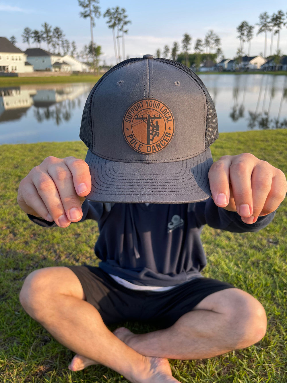 Support Your Local Pole Dancer funny lineman leather patch hat by BubbleHead Ink
