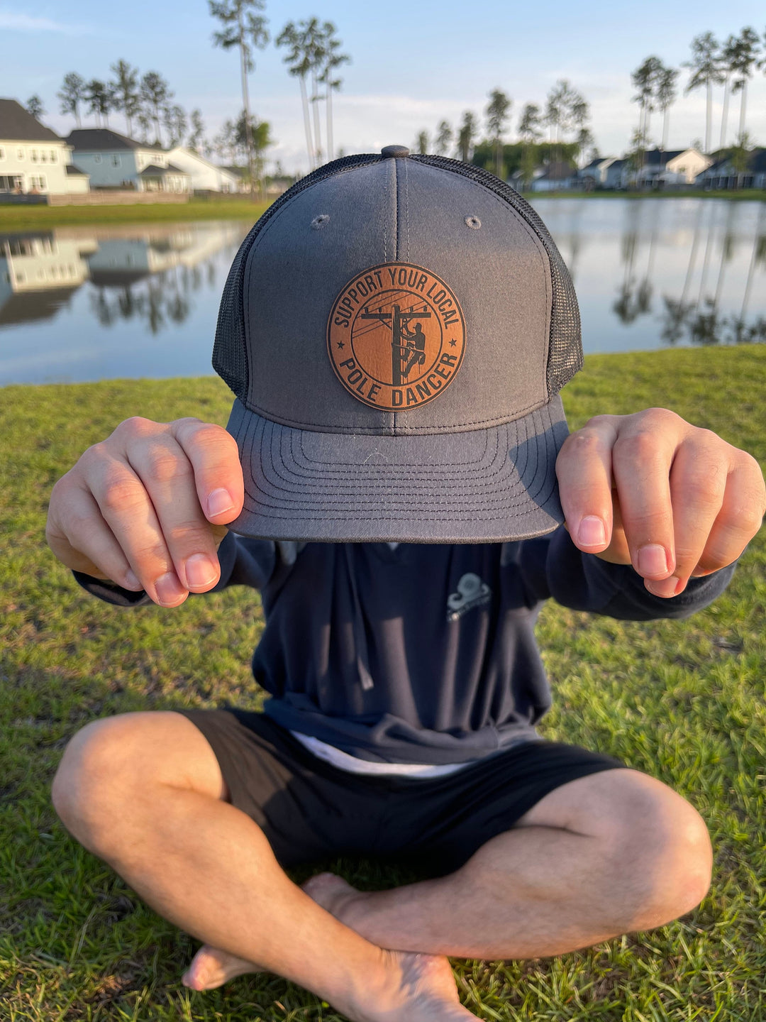 Support Your Local Pole Dancer funny lineman leather patch hat by BubbleHead Ink