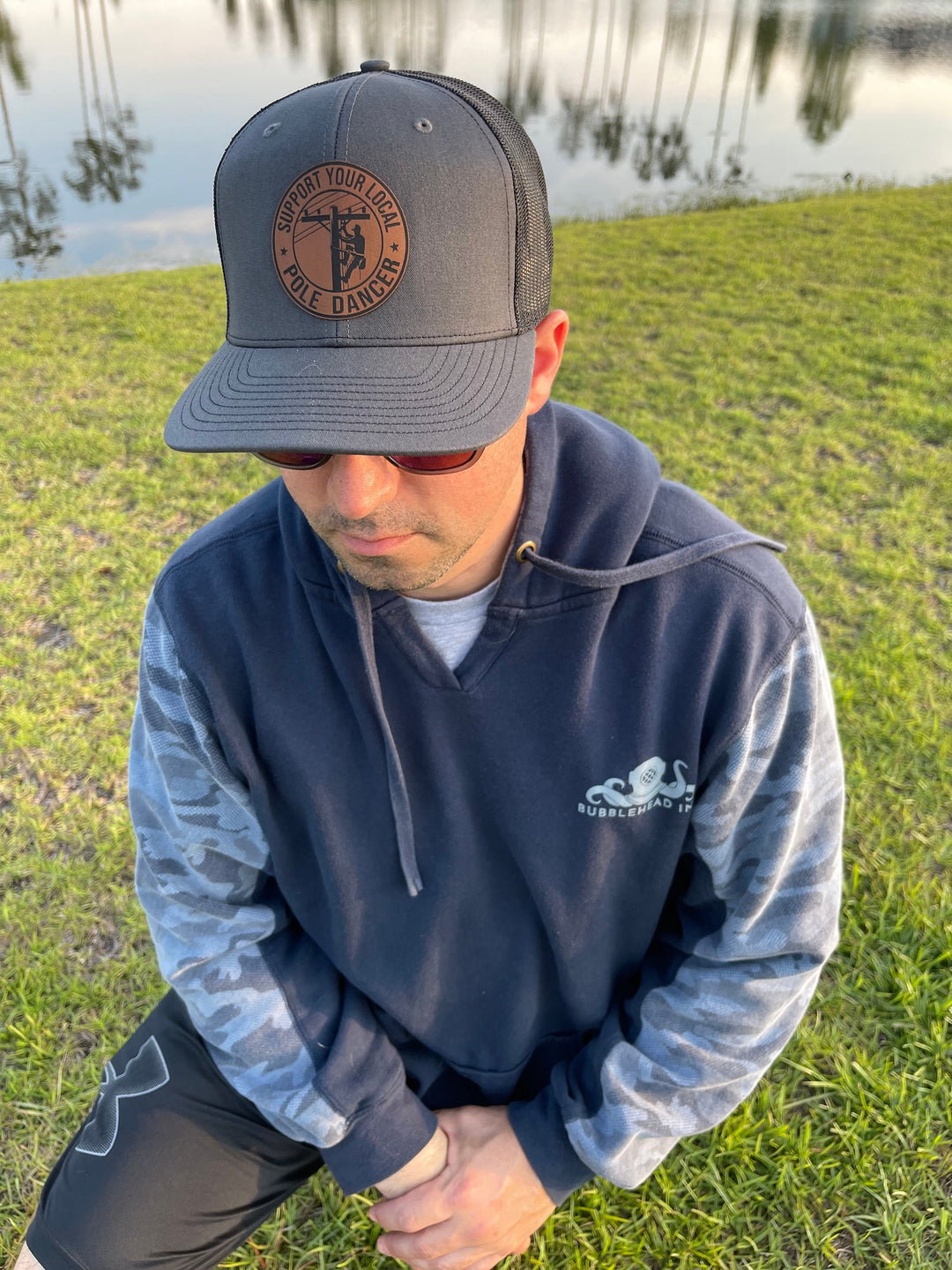 Support Your Local Pole Dancer funny lineman leather patch hat by BubbleHead Ink