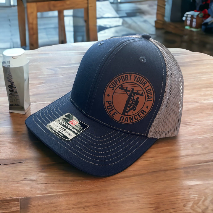 Support Your Local Pole Dancer funny lineman leather patch hat by BubbleHead Ink
