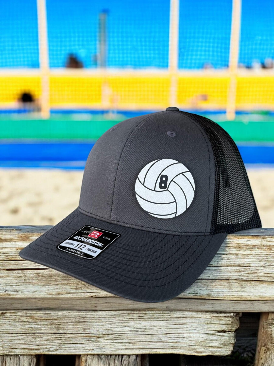Custom volleyball dad leather patch trucker hat by BubbleHead Ink