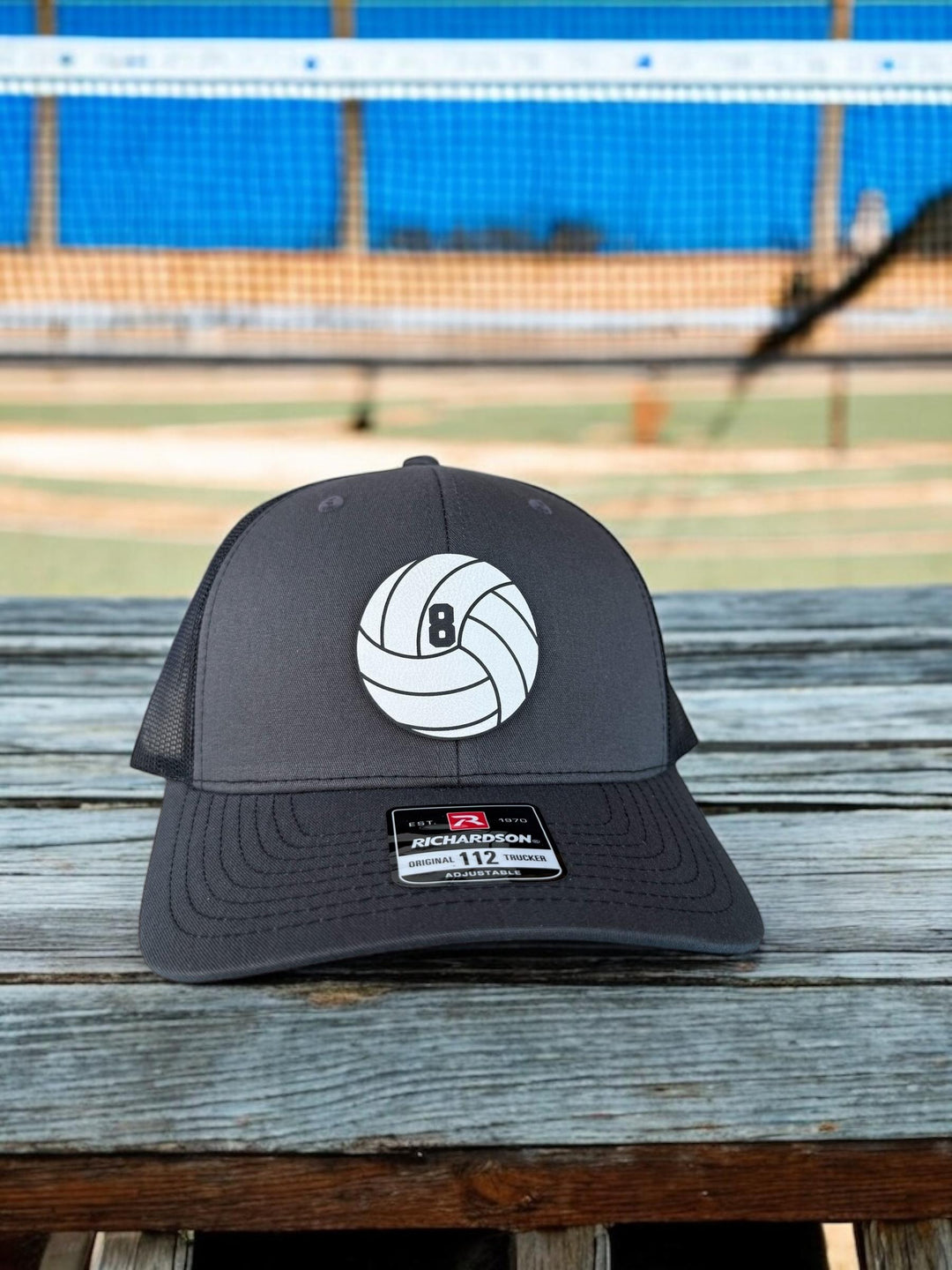 Custom volleyball dad leather patch trucker hat by BubbleHead Ink