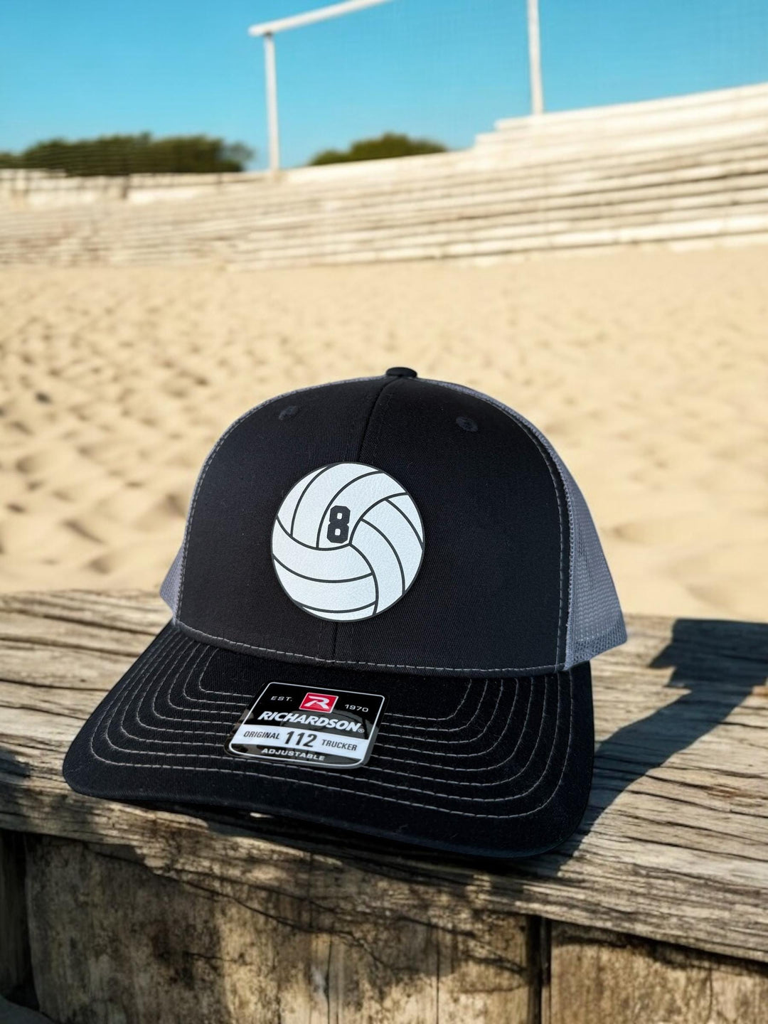 Custom volleyball dad leather patch trucker hat by BubbleHead Ink