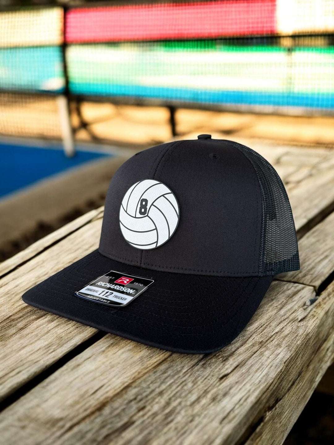 Custom volleyball dad leather patch trucker hat by BubbleHead Ink
