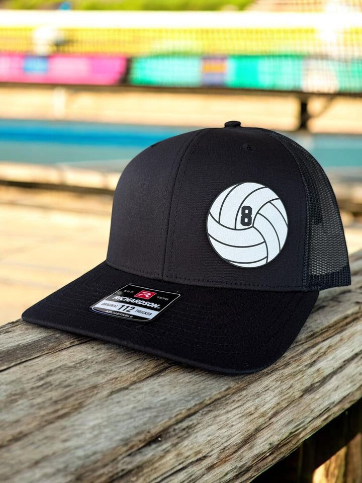 Custom volleyball dad leather patch trucker hat by BubbleHead Ink