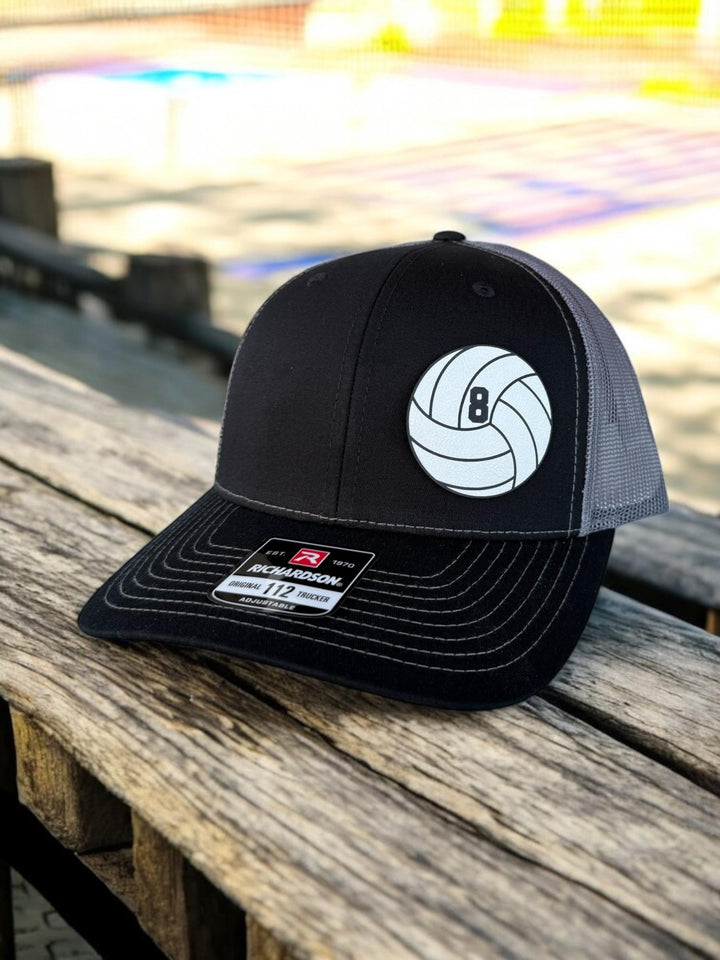Custom volleyball dad leather patch trucker hat by BubbleHead Ink