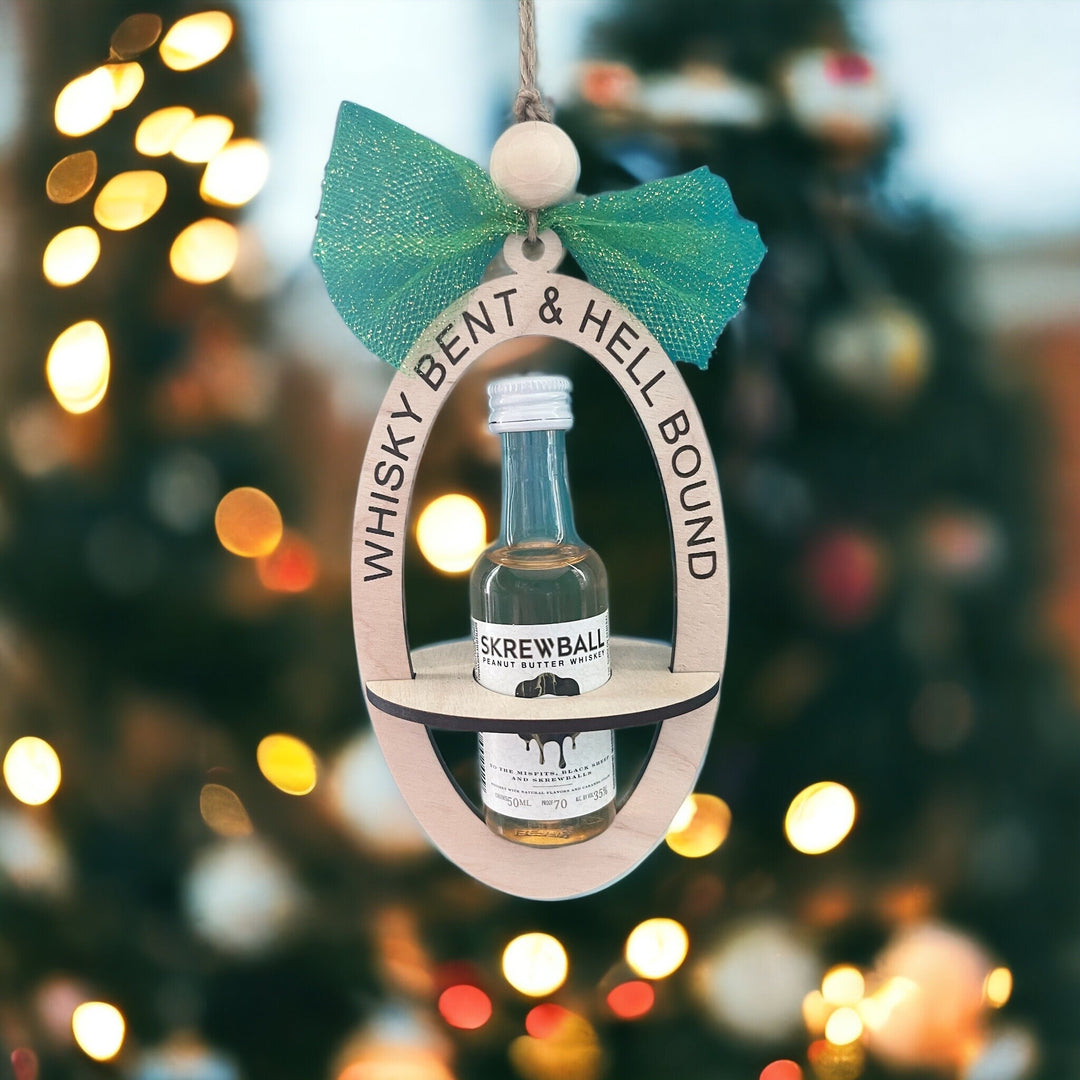 Whisky Bent and Hellbound mini liquor bottle Christmas ornament by BubbleHead Ink