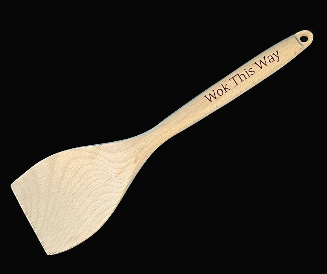 Wok This Way funny custom engraved wooden spoon by BubbleHead Ink