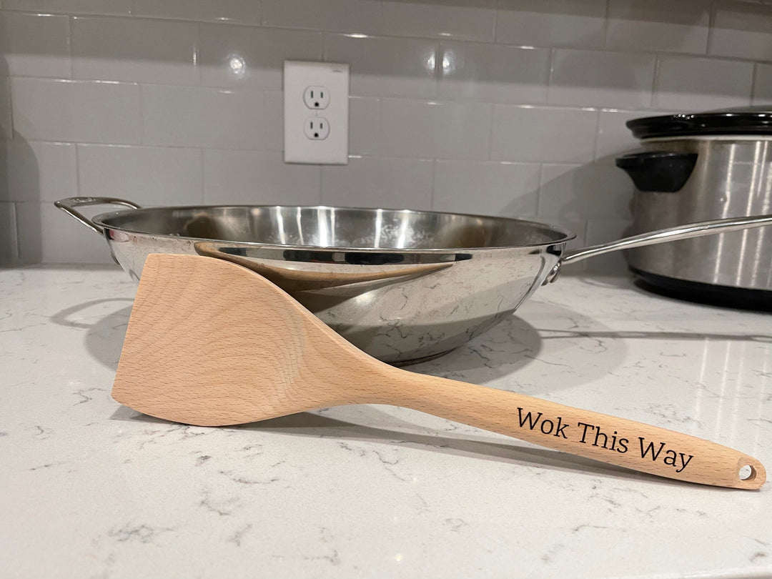 Wok This Way funny custom engraved wooden spoon by BubbleHead Ink