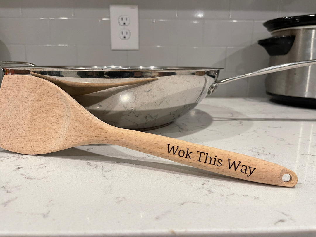 Wok This Way funny custom engraved wooden spoon by BubbleHead Ink