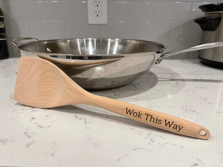Wok This Way funny custom engraved wooden spoon by BubbleHead Ink
