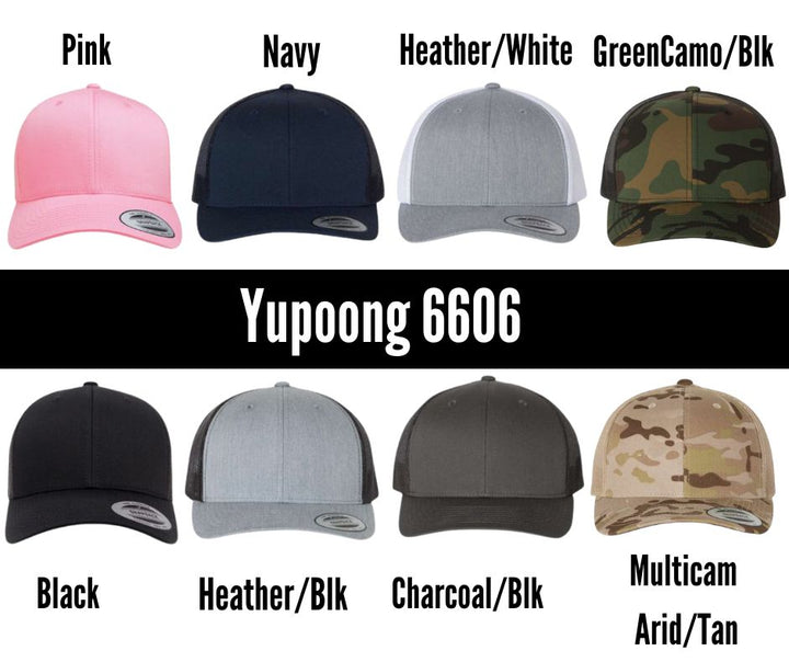 Yupoong 6606 trucker hat color options chart from BubbleHead Ink