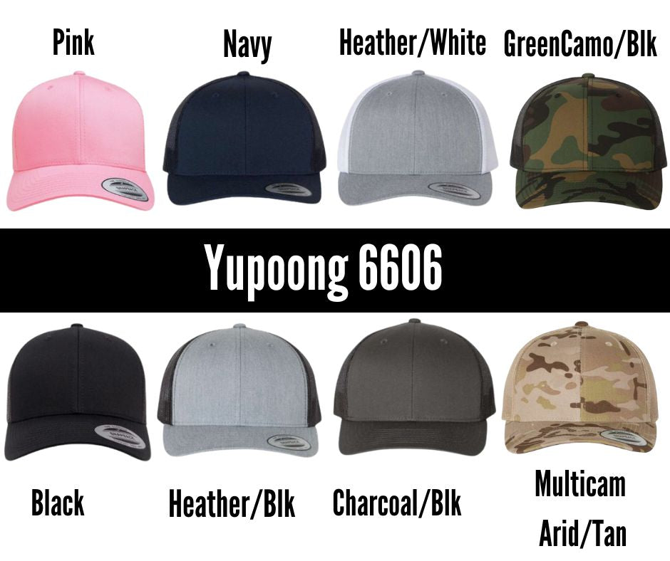 Yupoong 6606 trucker hat color options chart from BubbleHead Ink