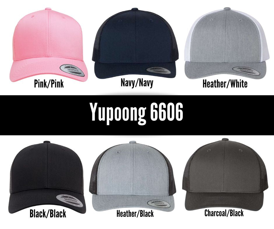 Yupoong 6606 trucker hat color options chart from BubbleHead Ink