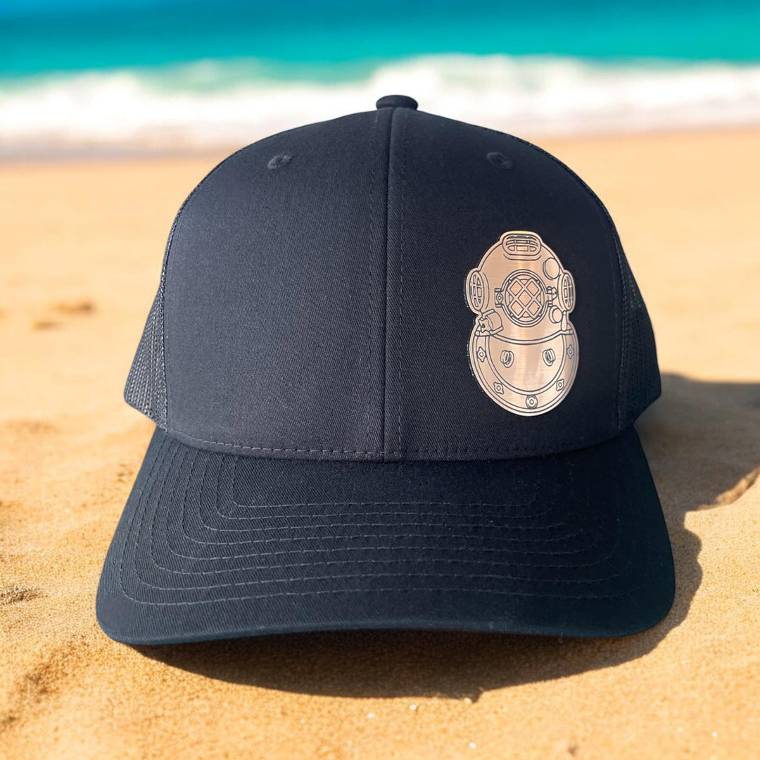 Mark V Diving Helmet Patch Hat, Copper Acrylic Helmet Emblem, Deep Sea Diving Souvenir, Adjustable Trucker Cap, Black, Navy