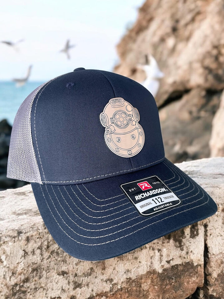 Mark V Diving Helmet Patch Hat, Copper Acrylic Helmet Emblem, Deep Sea Diving Souvenir, Adjustable Trucker Cap, Black, Navy