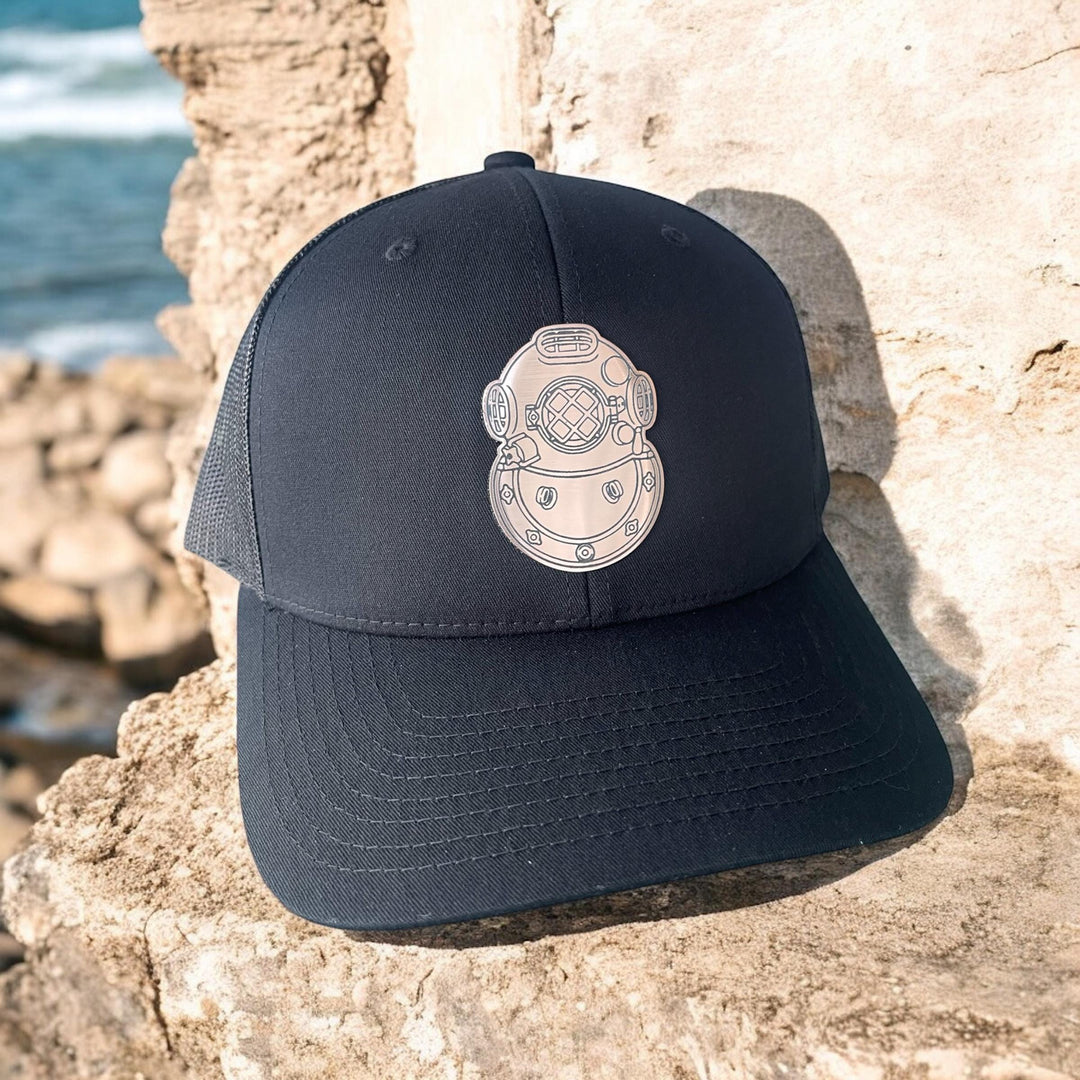 Mark V Diving Helmet Patch Hat, Copper Acrylic Helmet Emblem, Deep Sea Diving Souvenir, Adjustable Trucker Cap, Black, Navy