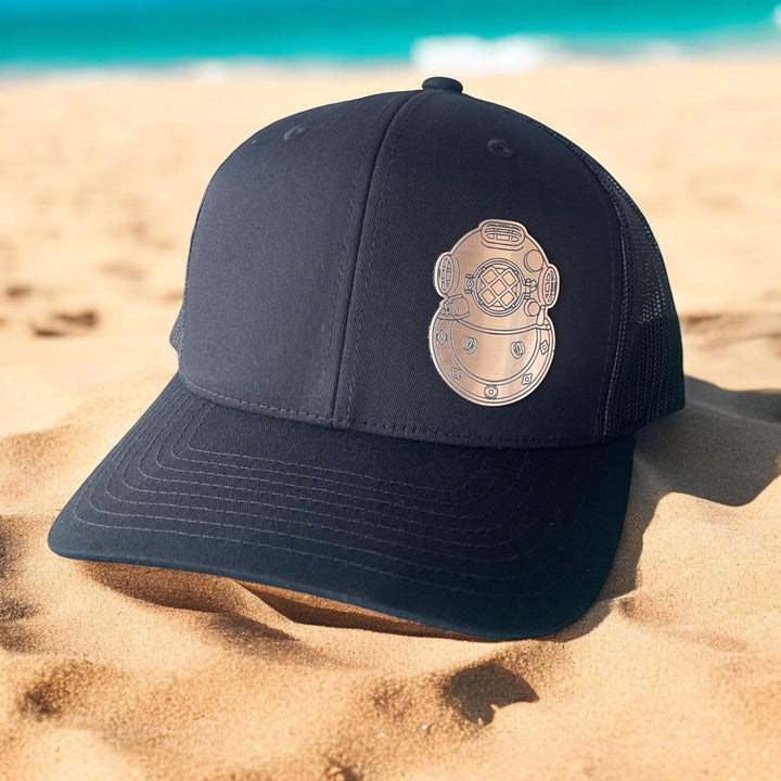 Mark V Diving Helmet Patch Hat, Copper Acrylic Helmet Emblem, Deep Sea Diving Souvenir, Adjustable Trucker Cap, Black, Navy