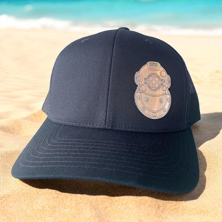 Mark V Diving Helmet Patch Hat, Copper Acrylic Helmet Emblem, Deep Sea Diving Souvenir, Adjustable Trucker Cap, Black, Navy