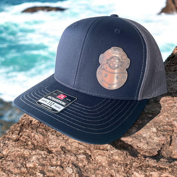 Mark V Diving Helmet Patch Hat, Copper Acrylic Helmet Emblem, Deep Sea Diving Souvenir, Adjustable Trucker Cap, Black, Navy