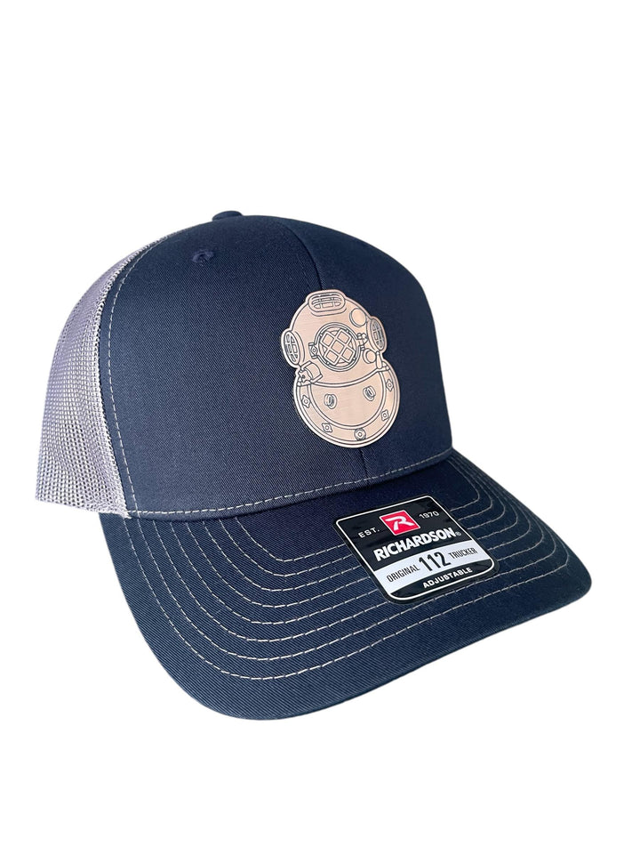 Mark V Diving Helmet Patch Hat, Copper Acrylic Helmet Emblem, Deep Sea Diving Souvenir, Adjustable Trucker Cap, Black, Navy