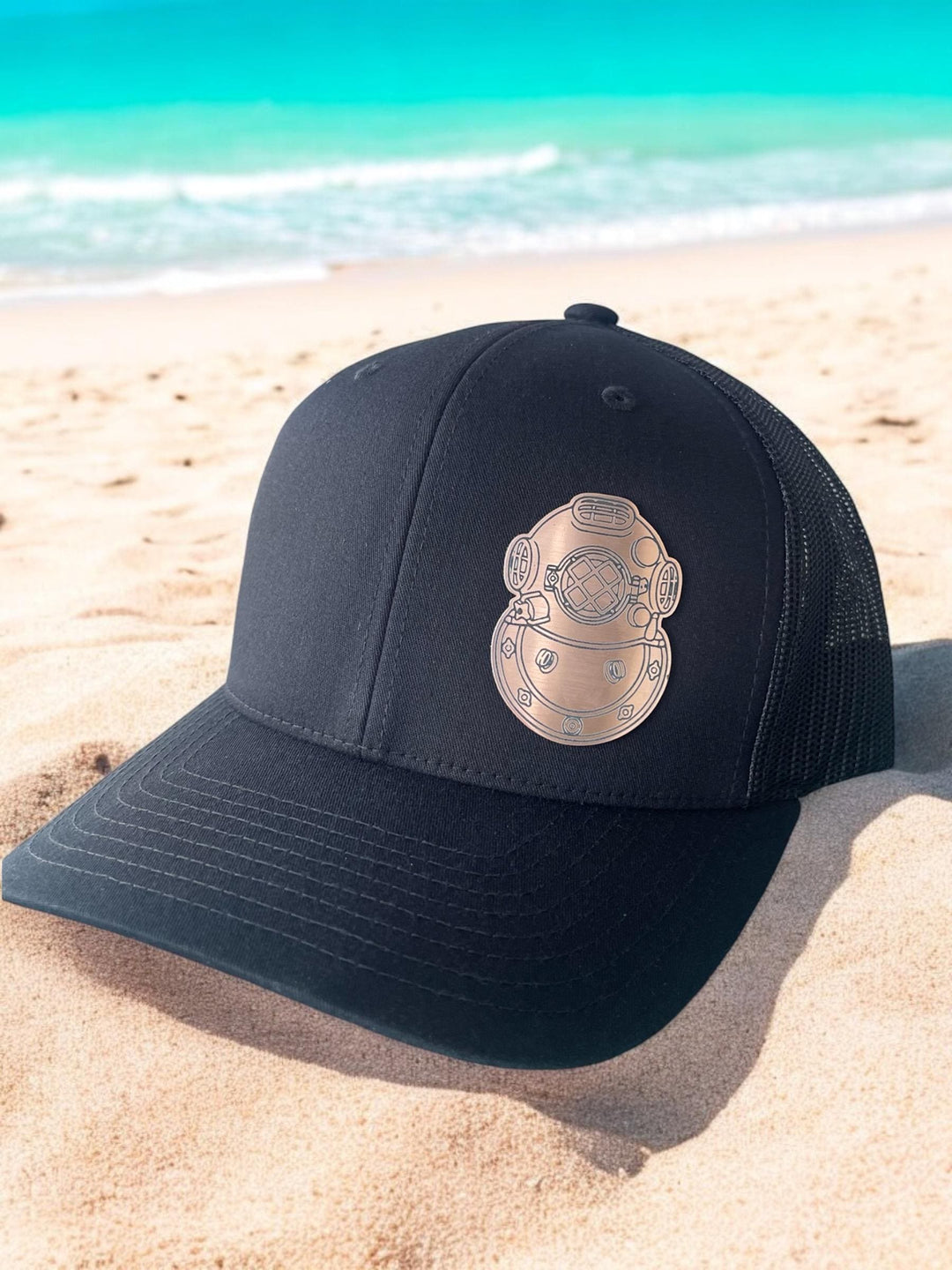 Mark V Diving Helmet Patch Hat, Copper Acrylic Helmet Emblem, Deep Sea Diving Souvenir, Adjustable Trucker Cap, Black, Navy
