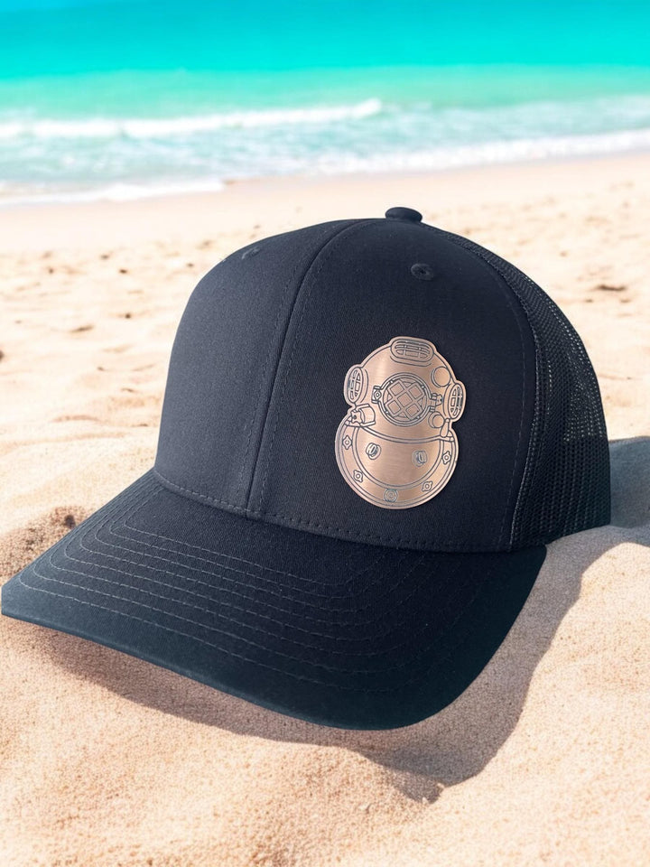 Mark V Diving Helmet Patch Hat, Copper Acrylic Helmet Emblem, Deep Sea Diving Souvenir, Adjustable Trucker Cap, Black, Navy