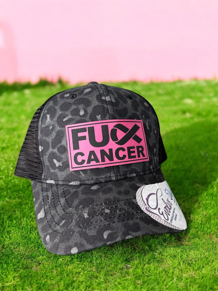 Pink Ribbon Breast Cancer Womens Ponytail Trucker Hat, Fuck Cancer Navy Baseball Cap, Survivor Gift