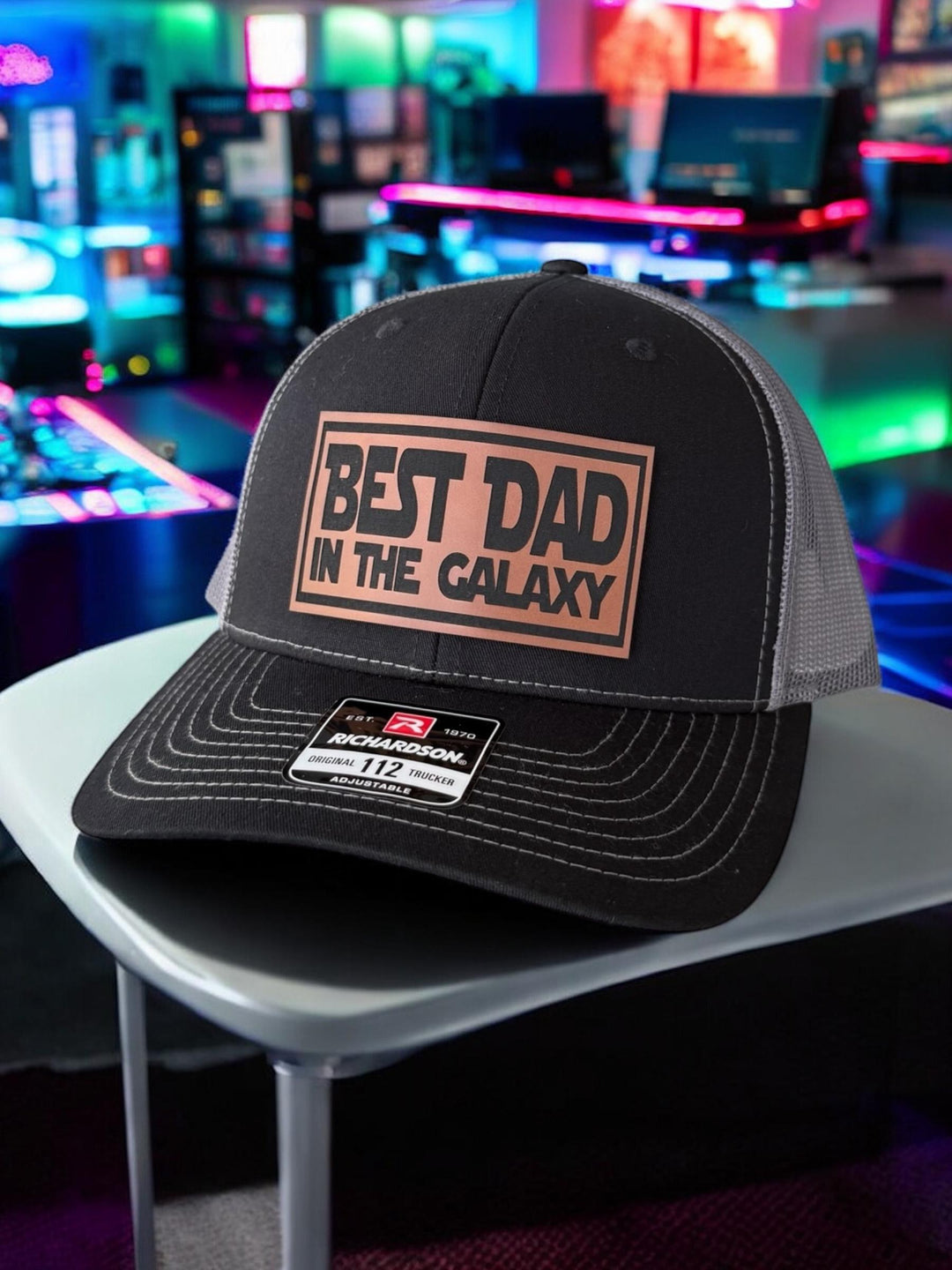 Best Dad in the Galaxy Hat, Father's Day Gift for Dad, Black Trucker Hat, Richardson 112, Yupoong 6606, Space Dad