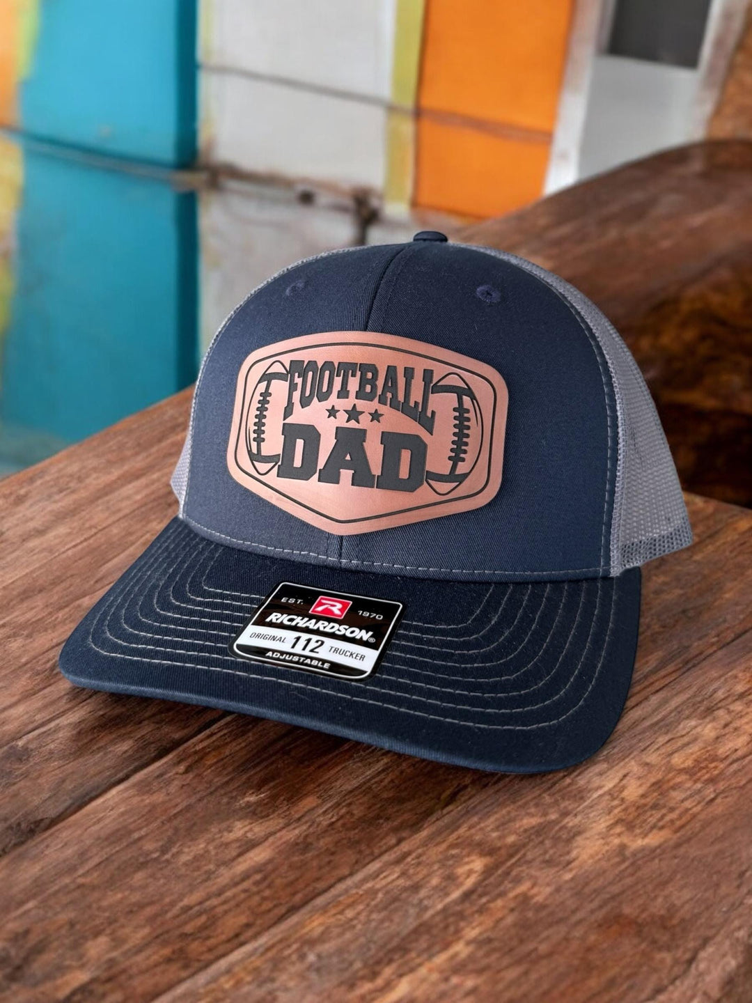 Football Dad Hat | Father's Day Gift for Sports Dad | Trucker Hat with Leather Patch | Football Gifts for Dad | Richardson 112 Cap for Men