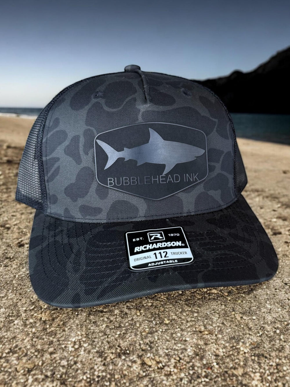 Shark Silhouette Hat for Men, BUBBLEHEAD INK Patch Hat, Black Trucker Cap, Duck Camo Richardson 112, Military Veteran Hat, Edgy Gift for Him