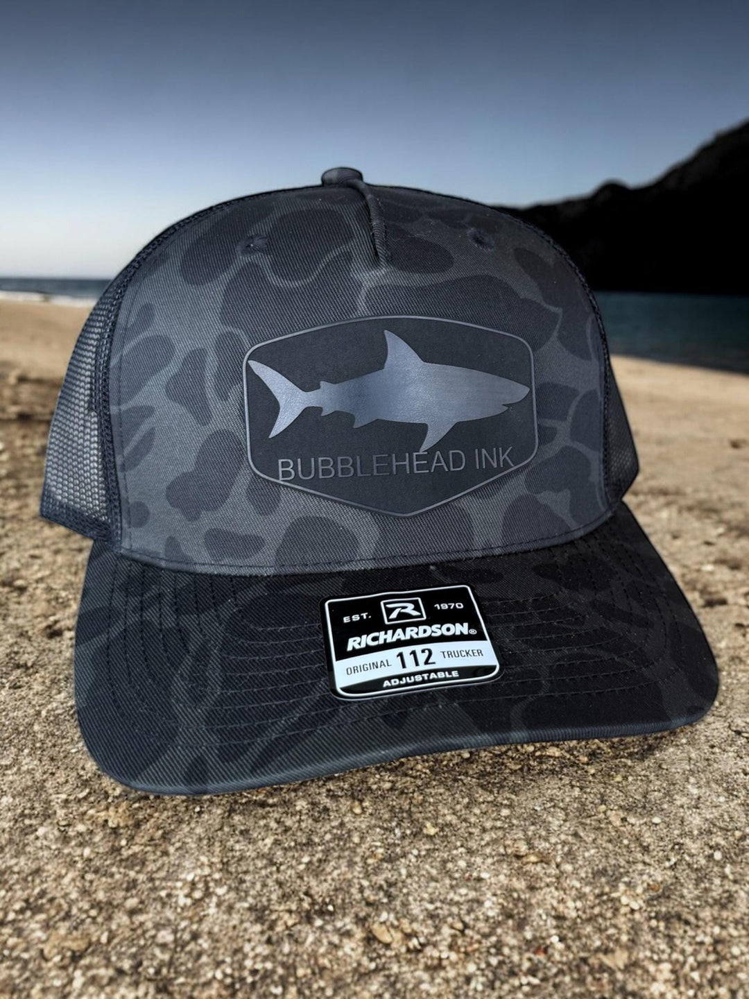 Shark Silhouette Hat for Men, BUBBLEHEAD INK Patch Hat, Black Trucker Cap, Duck Camo Richardson 112, Military Veteran Hat, Edgy Gift for Him