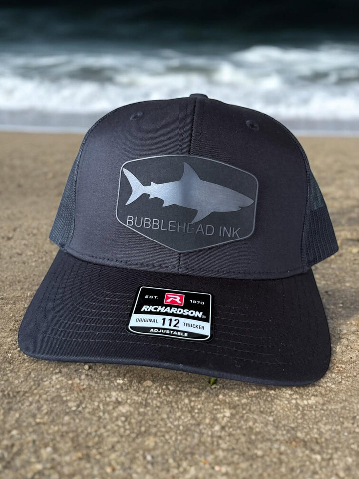 Shark Silhouette Hat for Men, BUBBLEHEAD INK Patch Hat, Black Trucker Cap, Duck Camo Richardson 112, Military Veteran Hat, Edgy Gift for Him