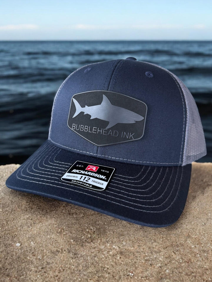 Shark Silhouette Hat for Men, BUBBLEHEAD INK Patch Hat, Black Trucker Cap, Duck Camo Richardson 112, Military Veteran Hat, Edgy Gift for Him