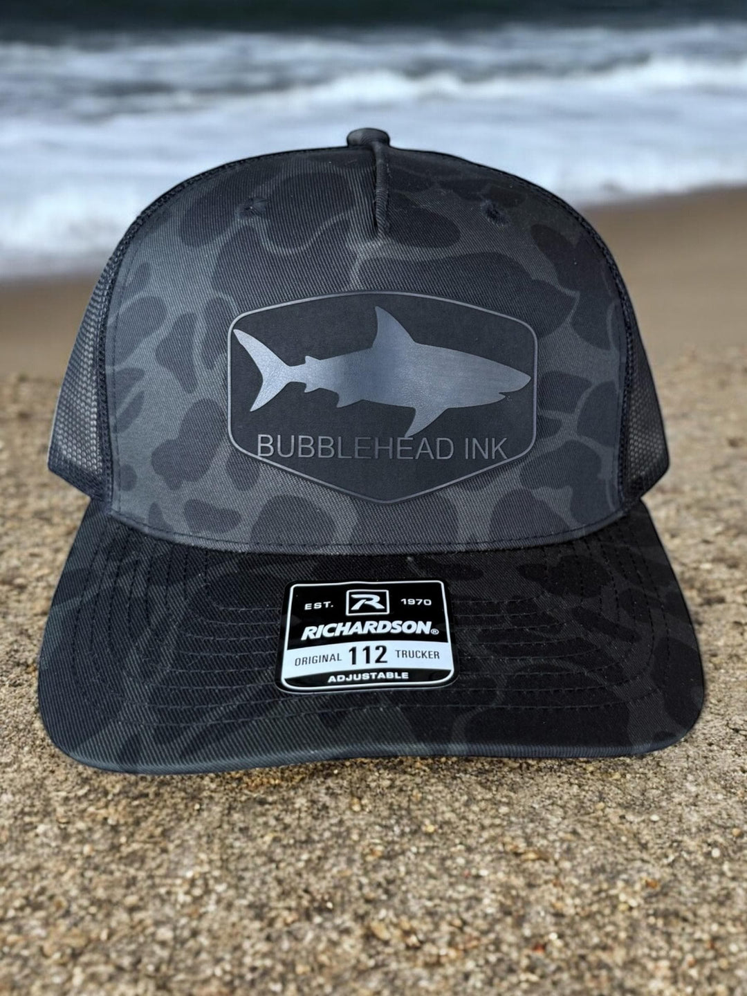 Shark Silhouette Hat for Men, BUBBLEHEAD INK Patch Hat, Black Trucker Cap, Duck Camo Richardson 112, Military Veteran Hat, Edgy Gift for Him