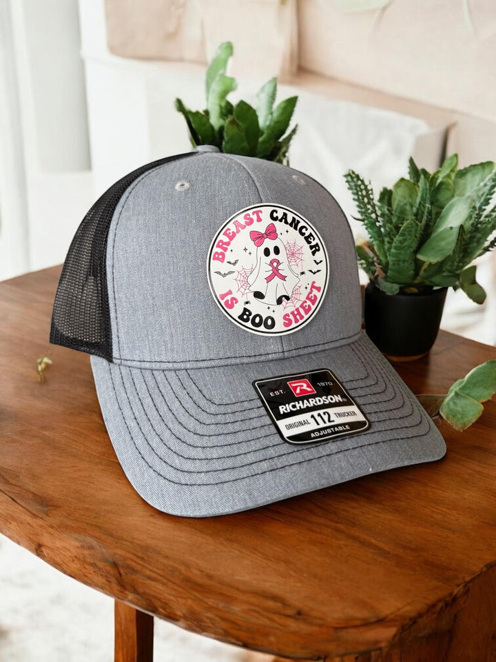 Breast Cancer Is Boo Sheet Ponytail Hat, Ghost Pink Ribbon Trucker Hat, Breast Cancer Support Gift for Women