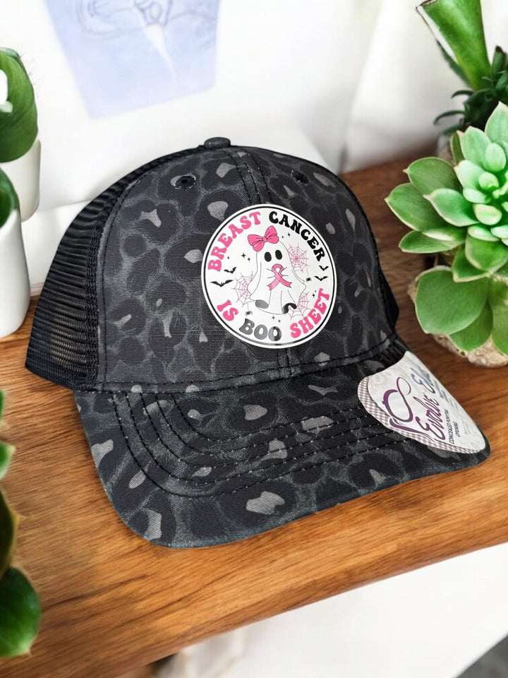 Breast Cancer Is Boo Sheet Ponytail Hat, Ghost Pink Ribbon Trucker Hat, Breast Cancer Support Gift for Women