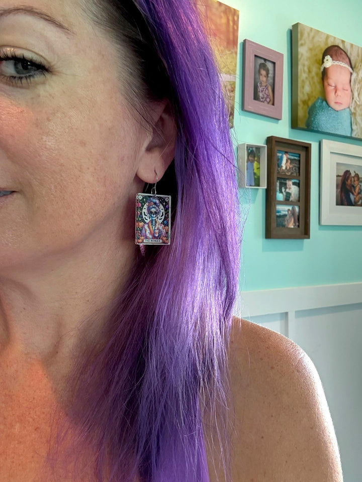 Mombie Quirky Halloween Tarot Card Earrings, Lightweight Acrylic Skeleton Earrings, Halloween Pumpkin Coffee Earrings, Spooky Mom Gift