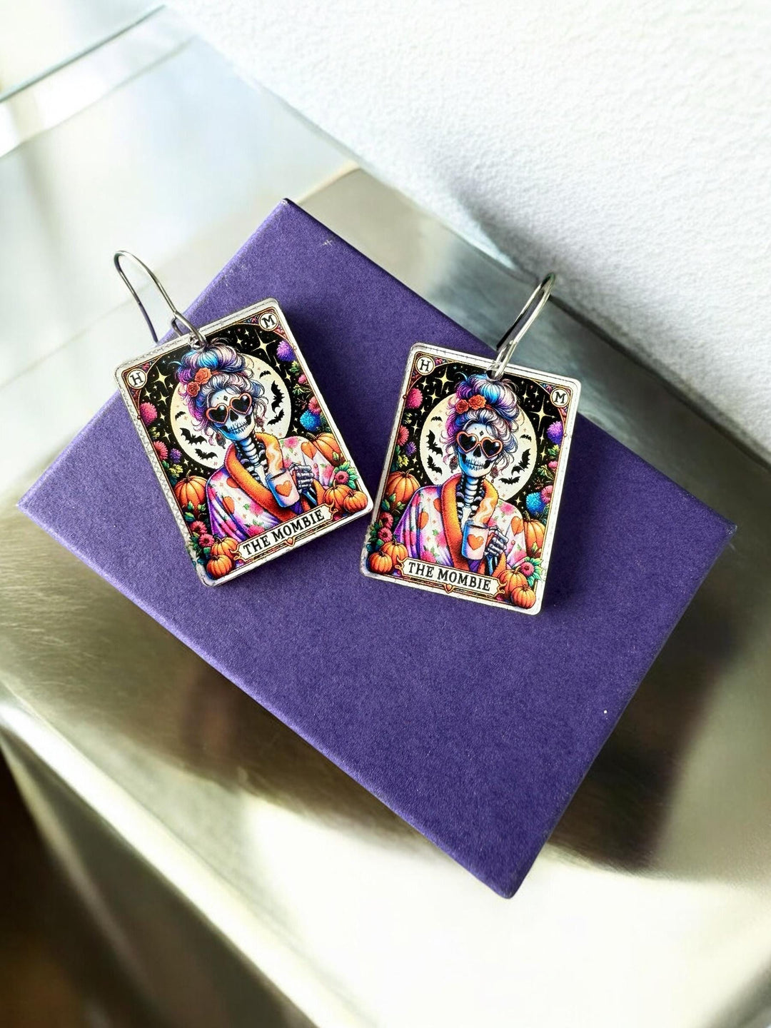 Mombie Quirky Halloween Tarot Card Earrings, Lightweight Acrylic Skeleton Earrings, Halloween Pumpkin Coffee Earrings, Spooky Mom Gift