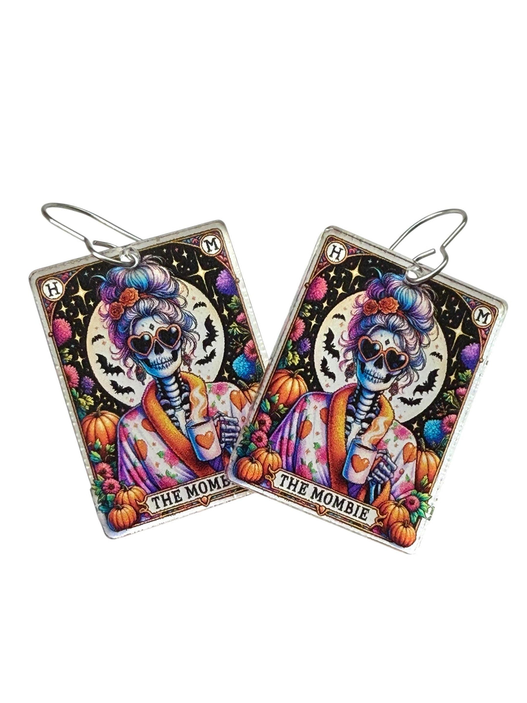 Mombie Quirky Halloween Tarot Card Earrings, Lightweight Acrylic Skeleton Earrings, Halloween Pumpkin Coffee Earrings, Spooky Mom Gift
