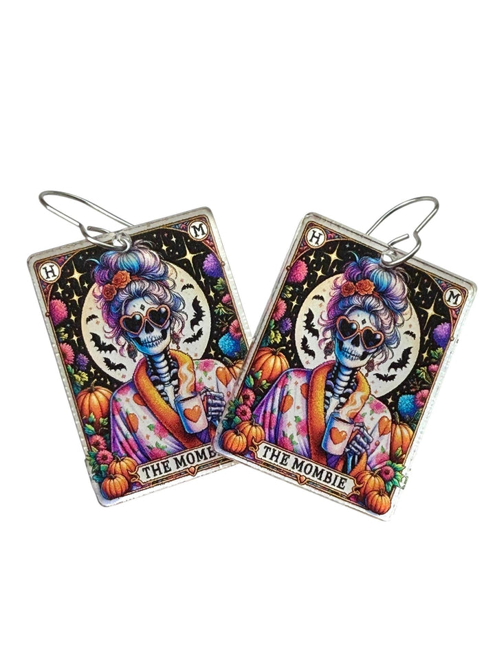Mombie Quirky Halloween Tarot Card Earrings, Lightweight Acrylic Skeleton Earrings, Halloween Pumpkin Coffee Earrings, Spooky Mom Gift
