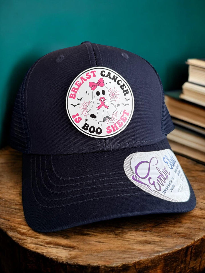 Breast Cancer Is Boo Sheet Ponytail Hat, Ghost Pink Ribbon Trucker Hat, Breast Cancer Support Gift for Women