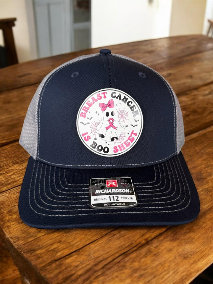 Breast Cancer Is Boo Sheet Ponytail Hat, Ghost Pink Ribbon Trucker Hat, Breast Cancer Support Gift for Women