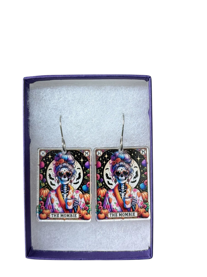 Mombie Quirky Halloween Tarot Card Earrings, Lightweight Acrylic Skeleton Earrings, Halloween Pumpkin Coffee Earrings, Spooky Mom Gift