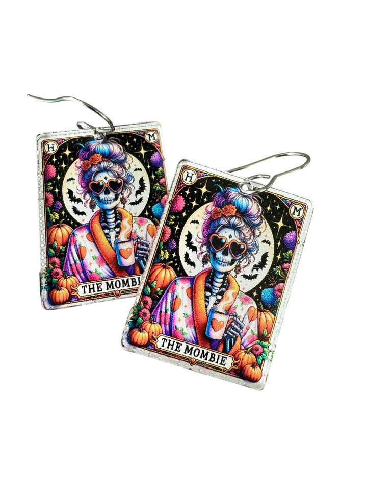 Mombie Quirky Halloween Tarot Card Earrings, Lightweight Acrylic Skeleton Earrings, Halloween Pumpkin Coffee Earrings, Spooky Mom Gift
