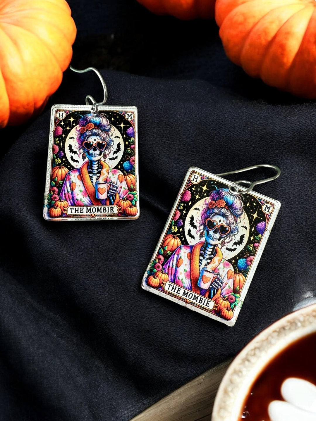 Mombie Quirky Halloween Tarot Card Earrings, Lightweight Acrylic Skeleton Earrings, Halloween Pumpkin Coffee Earrings, Spooky Mom Gift