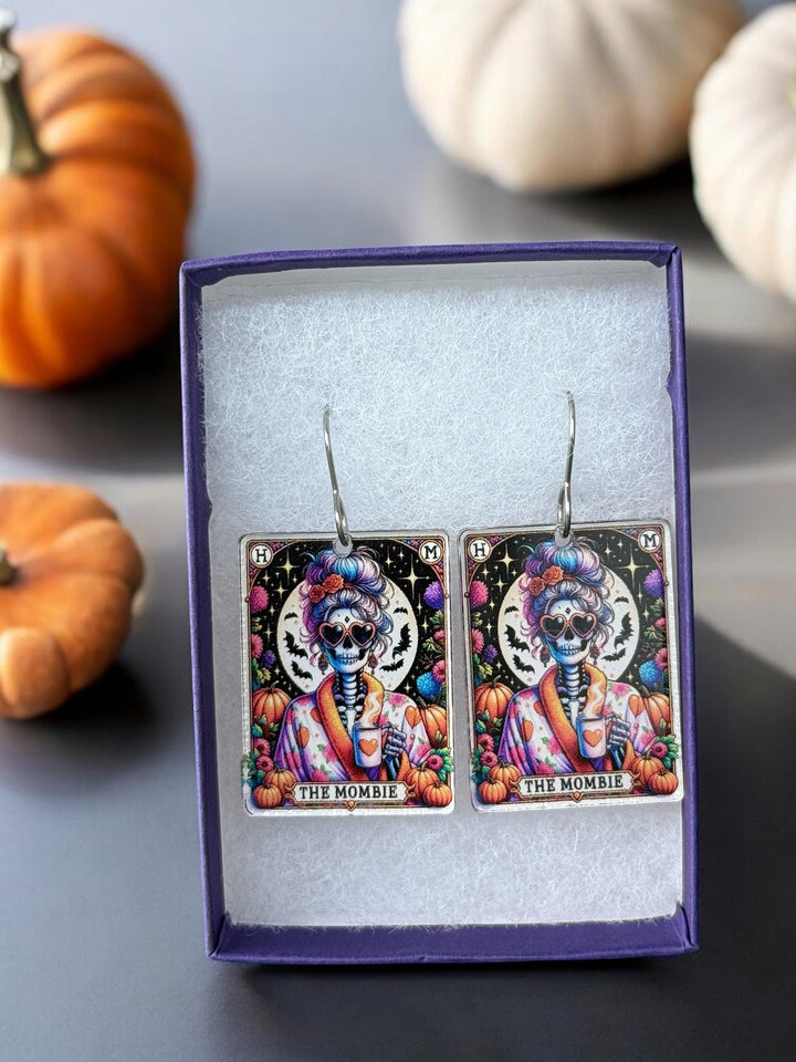 Mombie Quirky Halloween Tarot Card Earrings, Lightweight Acrylic Skeleton Earrings, Halloween Pumpkin Coffee Earrings, Spooky Mom Gift